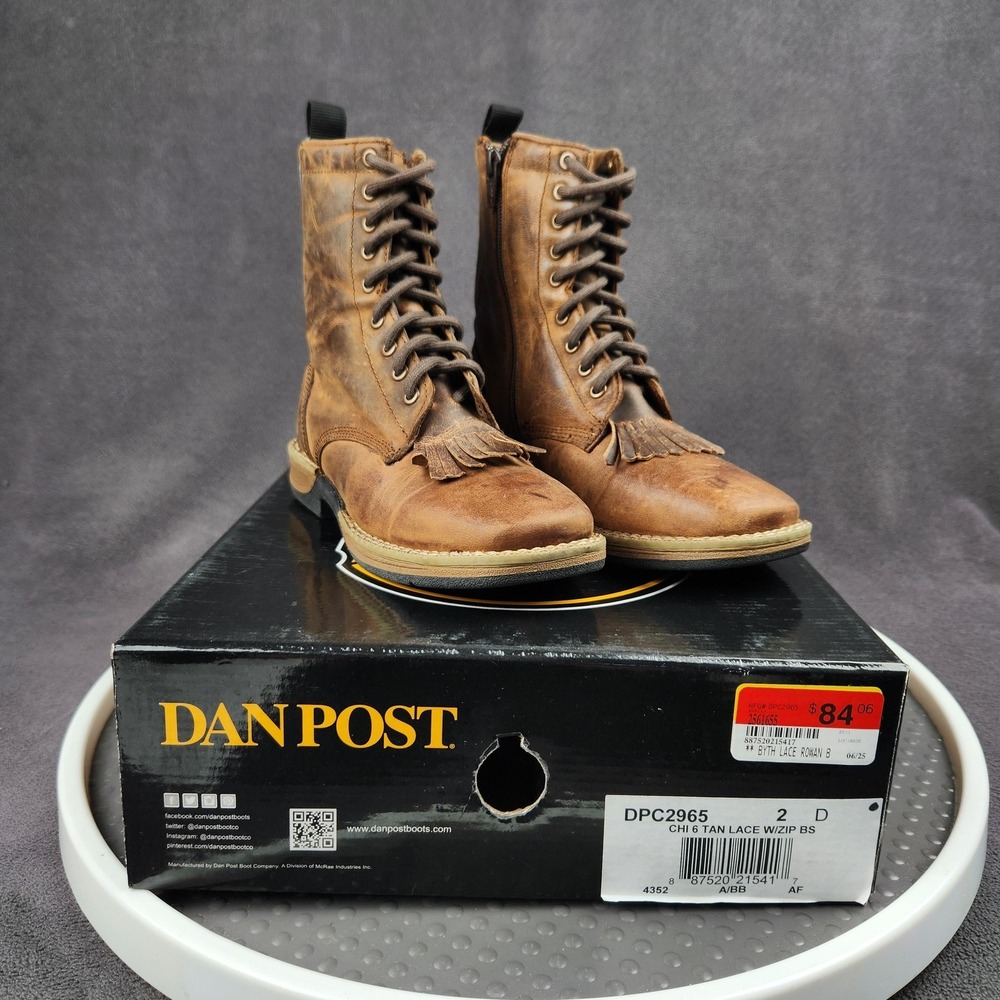 Dan Post Boots Youth Size‎ 2 Tan Lace Up Side Zip Leather Kiltie Western